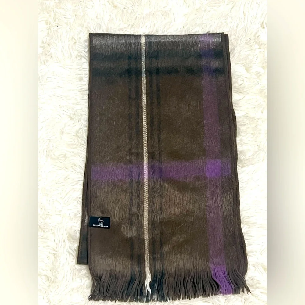 Shupaca Alpaca Scarf Brown Purple Plaid Fringe Handmade Ecuador Soft Winter Wrap